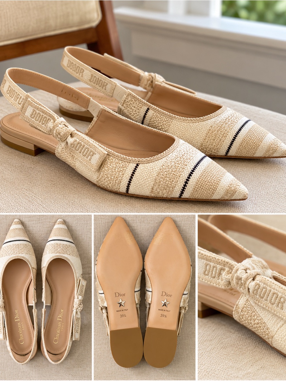 Dior Cream Woven Pointed Slingback Flat with Branded Bow